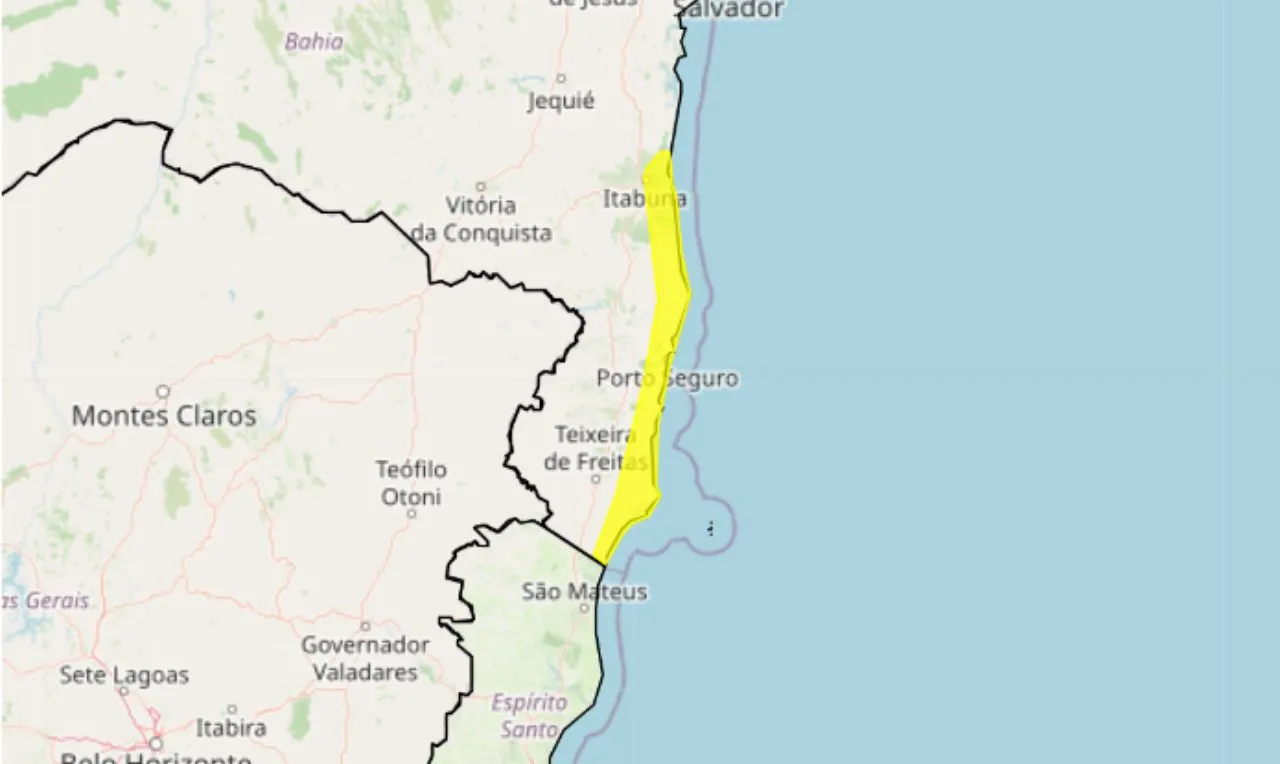 o mapa mostra as áreas em alerta amarelo para chuva intensa